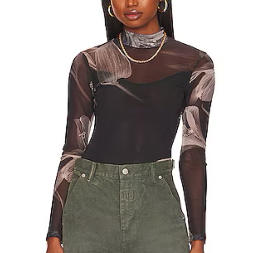All Saints Black and Gray Floral Bodysuit